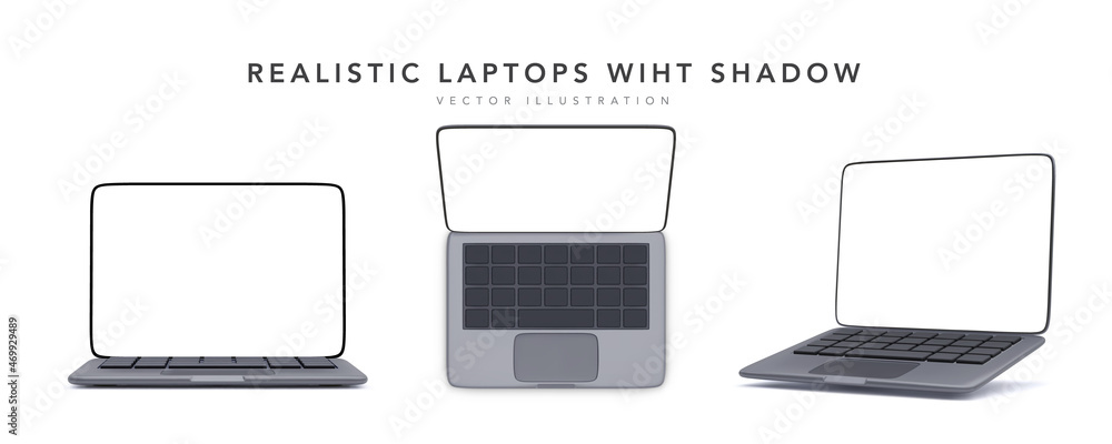 Poster set of black 3d realistic laptops in different positions isolated on white background. vector illust