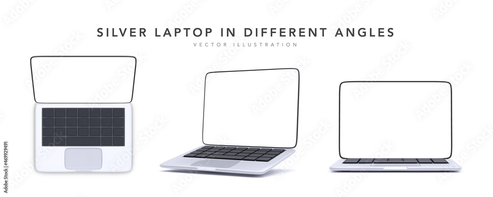 Poster collection mock-ups of 3d realistic laptops in silver color. set of mockups generic device. template
