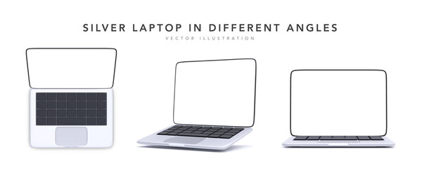 Collection mock-ups of 3d realistic laptops in silver color. Set of mockups generic device. Template laptop for presentation. Vector illustration