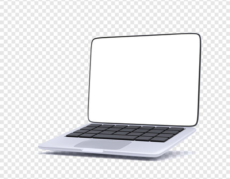 Realistic silver 3d laptop with shadow isolated on transparent background. Vector illustration