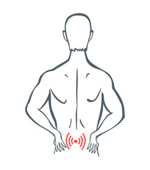 Body part pain. Man feels pain in back of body marked with red lines. Vector foci of pain or trauma symbols, grey art line illustration