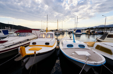 Marina harbour with beautiful white yachts in Split, Croatia.