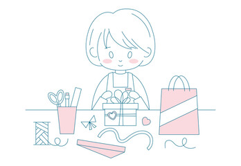 The girl is packing gifts outline illustration. Preparing gifts for Christmas and birthday in doodle linear sketch style. Handmade gift wrapping. Crafting hobby background concept. Isolated vector.