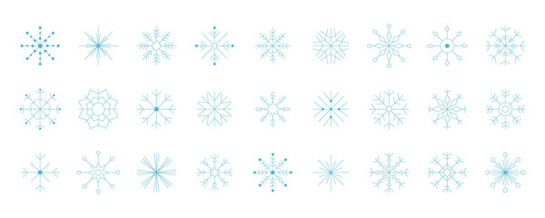 Snowflake vector collection. Outline linear art set of frozen crystals for decorative design.