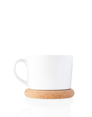 White mug with cork coaster isolated on white background