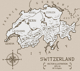 Vintage Map of Switzerland. Hand drawn vector illustration.