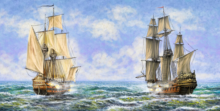 Naval battle, batleship. Old ships on the sea. Digital oil paintings sea landscape. Fine art, artwork
