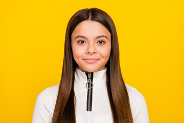 Photo of sweet charming preteen girl dressed white zipper shirt smiling isolated yellow color...