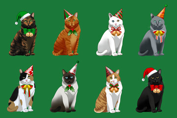 緑地に8匹のクリスマスの猫