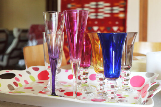 Different colors party glasses prepared for aperitif