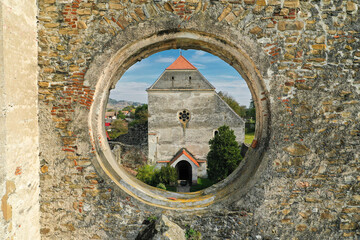 Carta, Sibiu, Romania - 2021: Aerial view over Carta Abbey Monastery during a sunny day with blue...