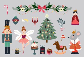 Christmas Nutcracker elements, winter design - obrazy, fototapety, plakaty