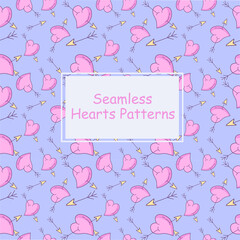 A set of seamless patterns with hearts on a blue background