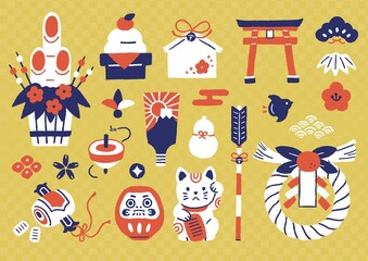 レトロでかわいい手描きのお正月イラスト素材セット