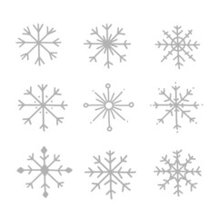 Set of different hand draw icons or symbols of snowflakes. Illustration isolated on background.