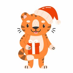 Cute new year character tiger cub with gift and hat in cartoon style. Christmas isolated illustration. Merry christmas and new year 2022. The year of tiger.