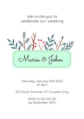 A card with a winter design for a wedding invitation. Template with text. Vector botanical background in a gentle hand-drawn style