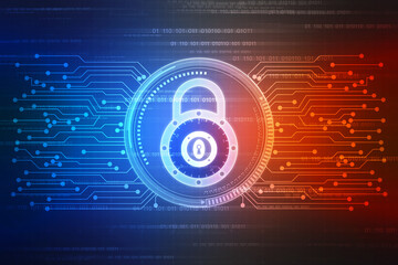 Digital Padlock on abstract technology background, Technology security concept. Modern safety digital background. Protection system, Cyber Security and safety information, personal data concept