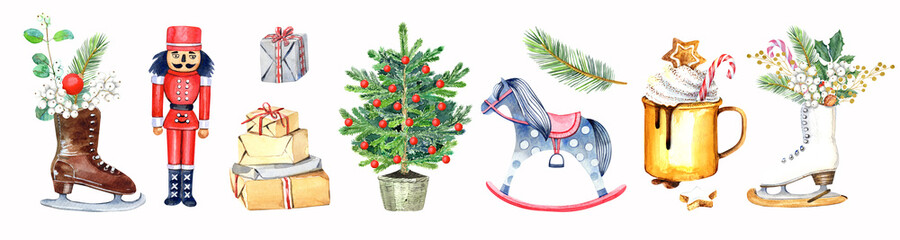 Christmas tree clipart. Vintage gifts, nutcracker, floral decorations. Hot drink with candy stick, ice skates, wooden rocking horse. Stock illustration. Hand painted in watercolor.