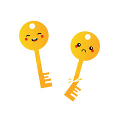 Couple of cute cartoon style golden key characters, whole smiling and sad broken.
