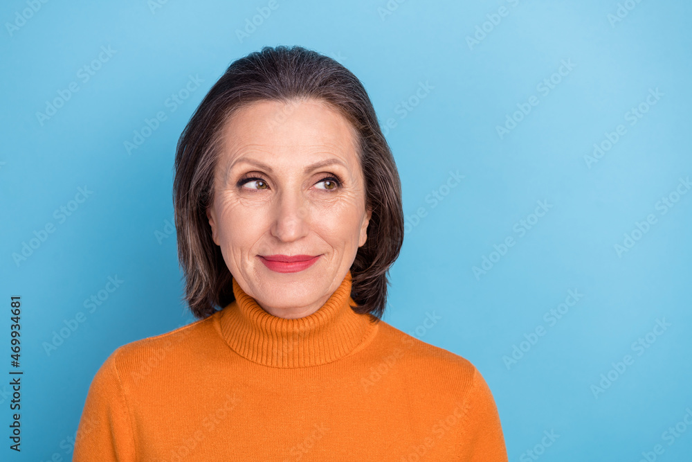 Sticker photo of pretty positive minded person look empty space dream dreamy isolated on blue color backgrou