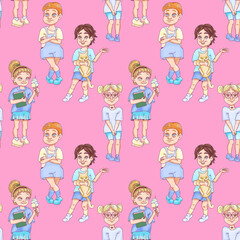 cute pink seamless pattern. Happy boys and girls.