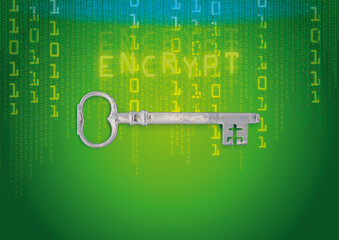 crypto virus on a computer with an encrypt key icon and binary code illustration