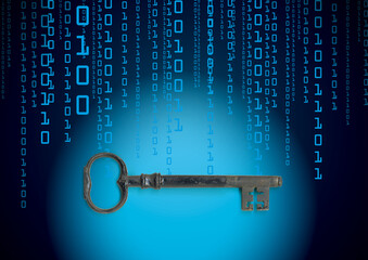 crypto virus on a computer with an encrypt key icon and binary code illustration