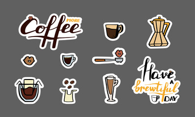 Set stickers about coffee with quote, cup, Drip coffee bag, bean and others object. Cute collection design elements for scrapbook, diary, printable.