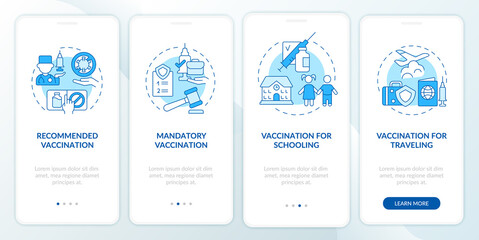 Fototapeta na wymiar Immunization importance onboarding mobile app page screen. Mandatory vaccination walkthrough 4 steps graphic instructions with concepts. UI, UX, GUI vector template with linear color illustrations