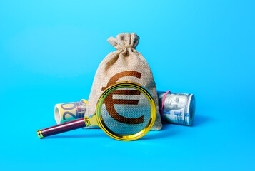 Euro money bag and magnifying glass. Investigating capital origins. Anti money laundering and tax...