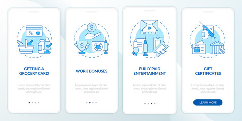 Vaccination incentives onboarding mobile app page screen. Gift certificates walkthrough 4 steps graphic instructions with concepts. UI, UX, GUI vector template with linear color illustrations