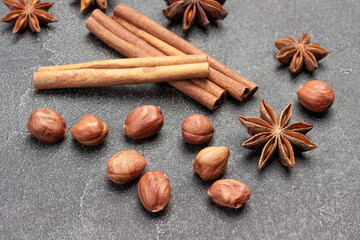 Fototapeta na wymiar Traditional Christmas spices - Star anise, cinnamon sticks and nuts.