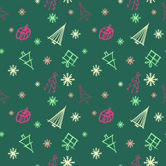 Simple christmas elements vector pattern on the dark blue background. White doodle trees, snowflakes, pink gift boxes. Decorative winter wrapping paper. Wallpaper. Cartoon style christmass pattern.