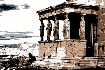 Temple Erechtheion with the famous porch of the caryatids instead of columns in the Acropolis