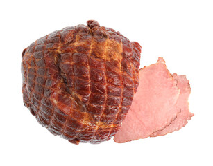 Sliced fresh delicious ham on white background, top view