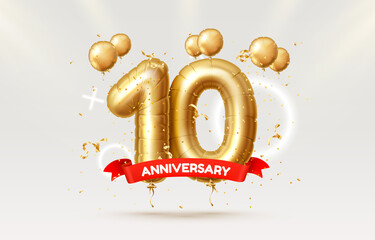 10 years anniversary of the person birthday, balloons in the form of numbers of the year. Vector - obrazy, fototapety, plakaty