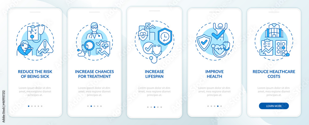 Wall mural check ups benefits blue onboarding mobile app page screen. improving health walkthrough 5 steps grap