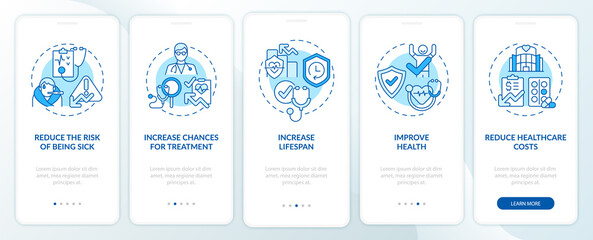 Fototapeta na wymiar Check ups benefits blue onboarding mobile app page screen. Improving health walkthrough 5 steps graphic instructions with concepts. UI, UX, GUI vector template with linear color illustrations