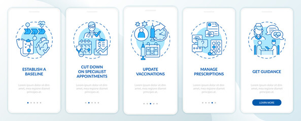 Fototapeta na wymiar Reasons to visit doctor annually blue onboarding mobile app page screen. Healthcare walkthrough 5 steps graphic instructions with concepts. UI, UX, GUI vector template with linear color illustrations