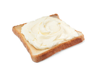 Slice of bread with tasty cream cheese isolated on white