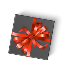 Black gift box with red bow. Top view realistic present