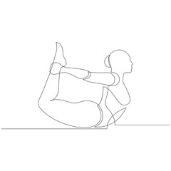 Woman doing Bow Yoga Pose or Dhanurasana. Yoga class exercise concept. Continuous line drawing. Vector illustration
