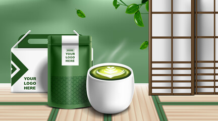 Kraft paper foil zip lock bag food stand up pouch with Green tea latte cup with japanese background.