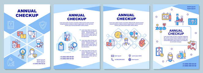 Annual checkup brochure template. Healthcare. Medical exam. Flyer, booklet, leaflet print, cover design with linear icons. Vector layouts for presentation, annual reports, advertisement pages
