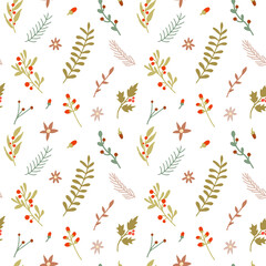 Christmas seamless pattern with fir branches, berries, holly leaves. Cute hand drawn vector illustration for wrapping paper, festive background, fabric design