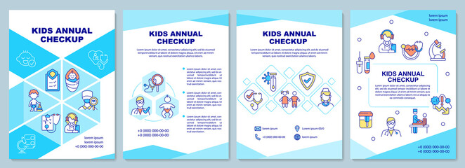 Fototapeta na wymiar Kids annual checkup brochure template. Medical testing and exam. Flyer, booklet, leaflet print, cover design with linear icons. Vector layouts for presentation, annual reports, advertisement pages