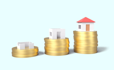 Mini house on stack of coins. Concept of Investment property, 3D Illustration.