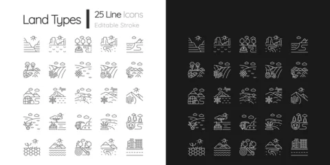 Fotobehang Land types linear icons set for dark and light mode. Biome diversity. Hot and cold regions. Climate zones. Customizable thin line symbols. Isolated vector outline illustrations. Editable stroke © bsd studio
