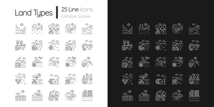 Land types linear icons set for dark and light mode. Biome diversity. Hot and cold regions. Climate zones. Customizable thin line symbols. Isolated vector outline illustrations. Editable stroke